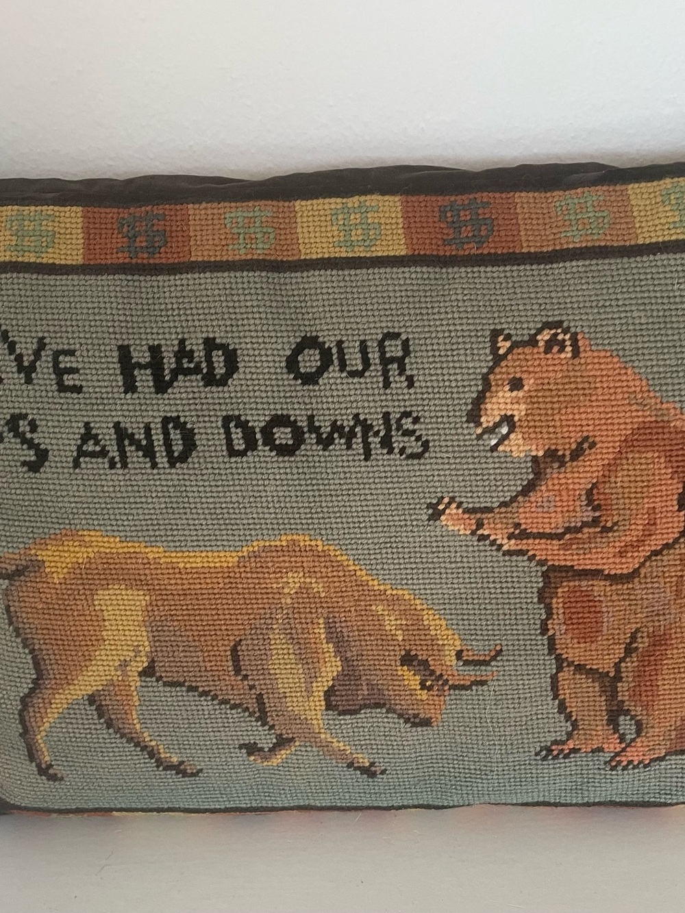 Patricia DuPont Wall Street Nedflepoint Pillow We ‘Hv Out Ups and Downs  1980’s